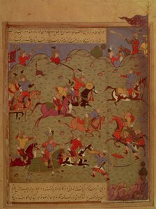Codrington MS (No.249A). Een gevechtsscène, uit de Iskandar-nama door Nizami, ca. 1525